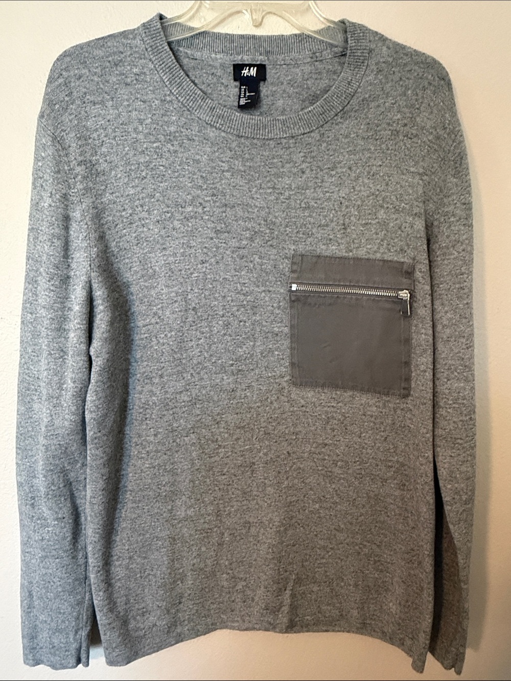 H&M Men's Light Gray Crewneck Sweater with Zipper Chest Pocket